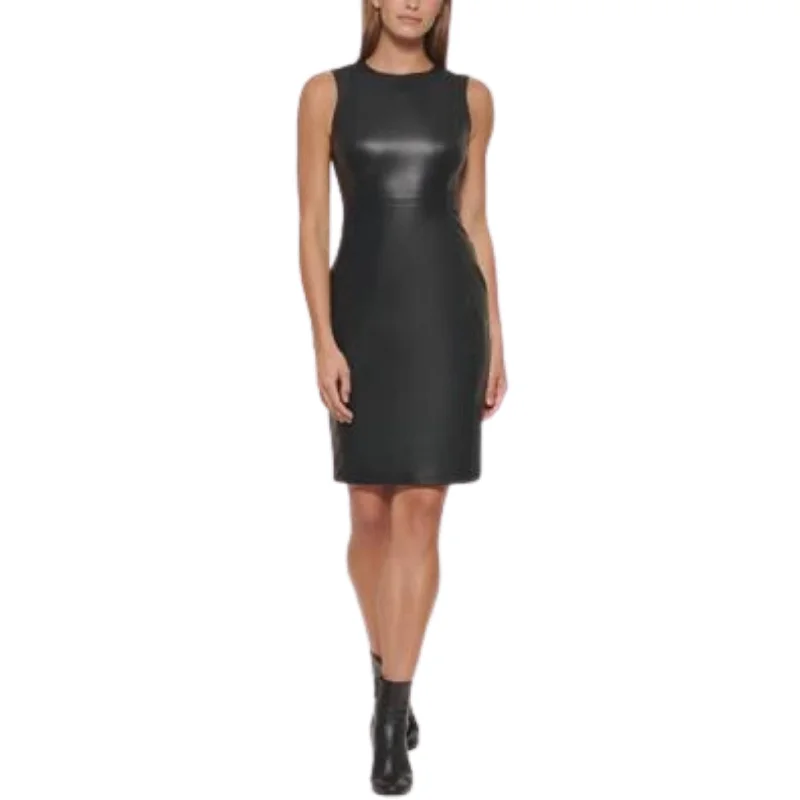 CALVIN KLEIN -  Faux Leather Knee Sheath Dress