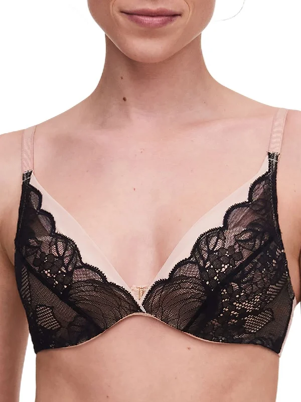 Midnight Flowers Plunge T-Shirt Bra - Black Zippered Buttoned Snapped