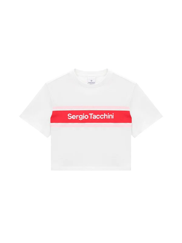 Color Block Crop T-Shirt- Off White/ Red Collared Crew Neck Turtle Neck