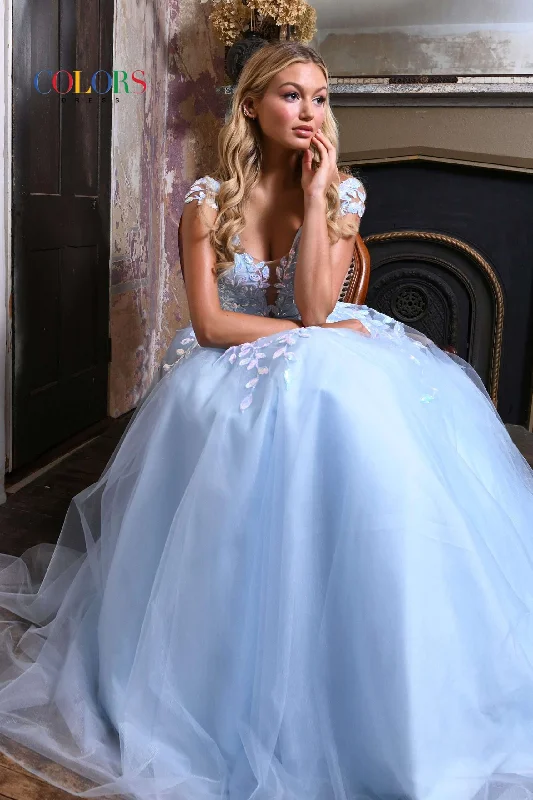 Colors Dress -3239 Sequin Lace Applique V-Neck Gown