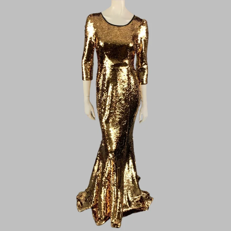 DOLCE & GABBANA Size 6 Gold & Black Sequined Polyester Mermaid-Hem Gown