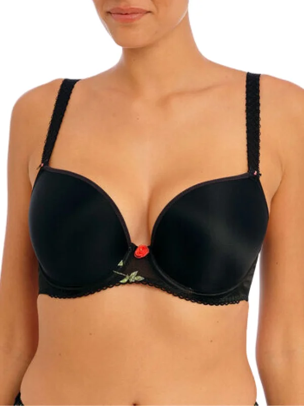 Rose Blossom Moulded Plunge T-Shirt Bra - Black Fleece Fabric Down Fabric Feather Fabric