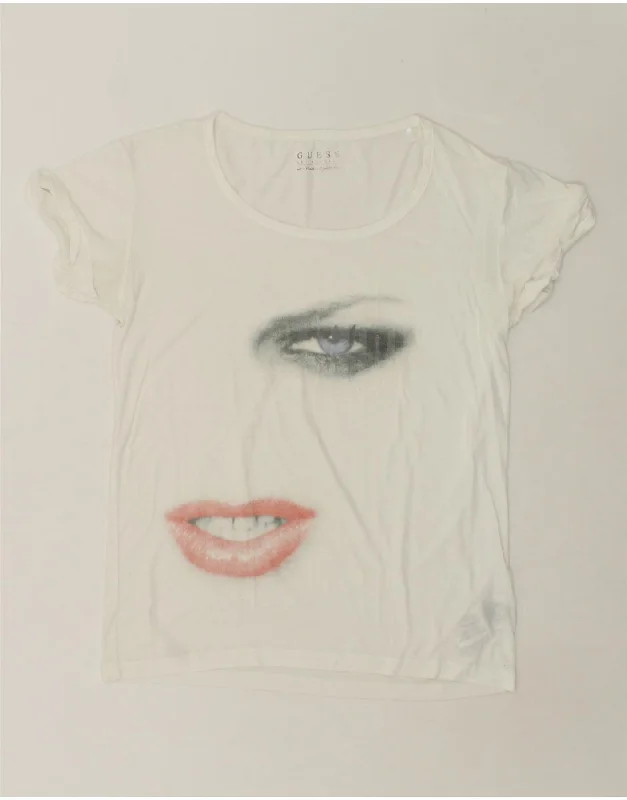 GUESS Womens Graphic T-Shirt Top UK 14 Medium White Polyester Iron Safe Non-Iron Wrinkle Free