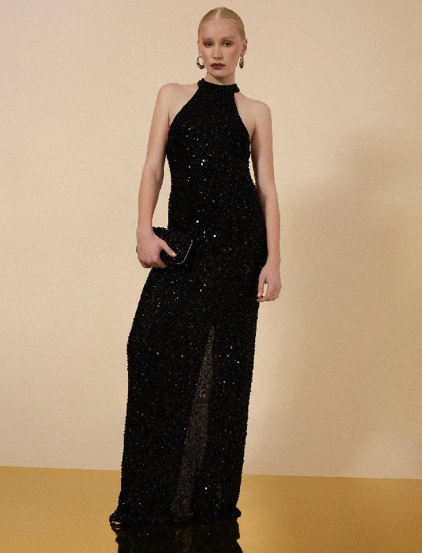 Jules Beaded Semi-Sheer Halter Gown