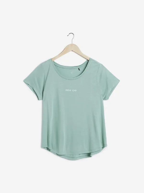 LOV Mint Text Design Sherry T-Shirt Mesh Fabric Canvas Fabric Denim Fabric