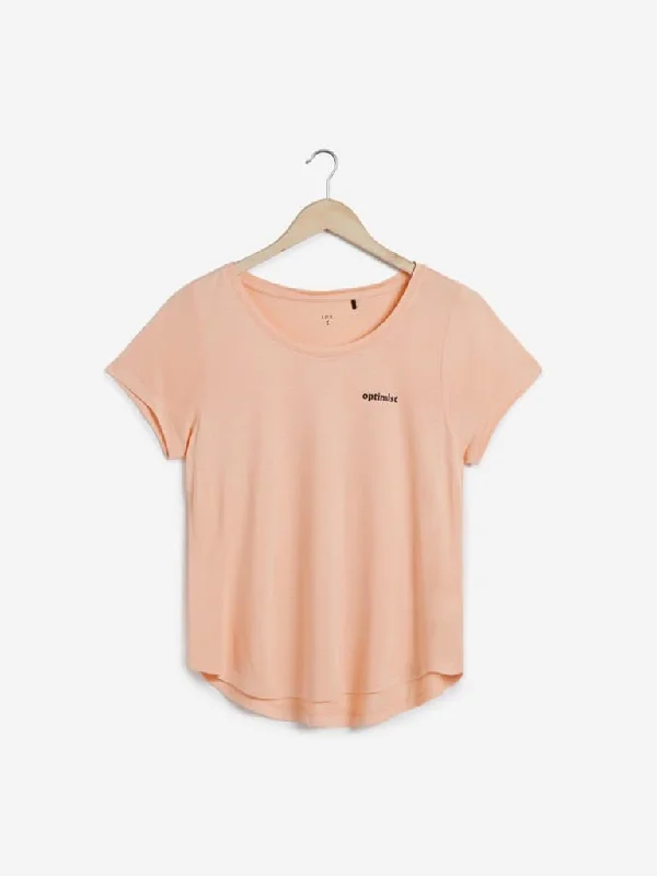 LOV Peach Text Print T-Shirt Collared Crew Neck Turtle Neck