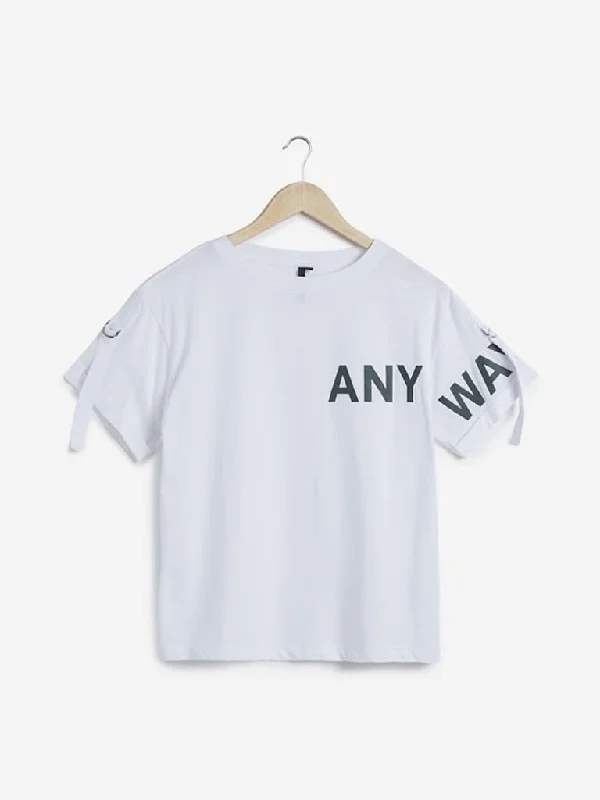 LOV White Pure Cotton Text Pattern T-Shirt Striped Floral Plaid