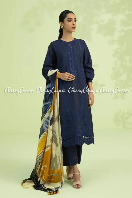 Navy Blue Embroidered Lawn Formal Wear 3 Piece Dress