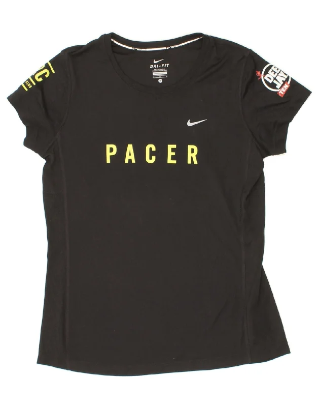 NIKE Womens Dri Fit Graphic T-Shirt Top UK 12 Medium Black Polyester Denim Fabric Leather Fabric Suede Fabric