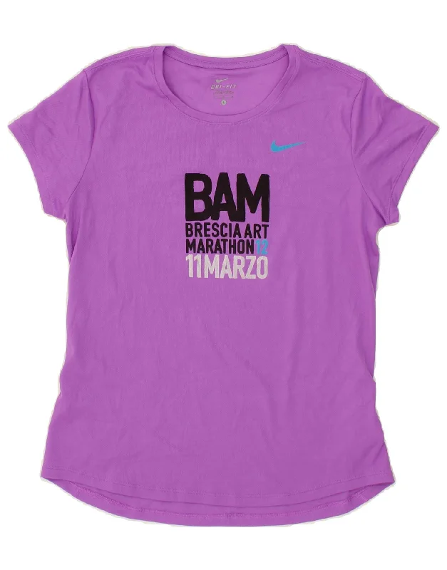 NIKE Womens Dri Fit Graphic T-Shirt Top UK 14 Large Purple Polyester Jersey Fabric Tulle Fabric Batik Fabric