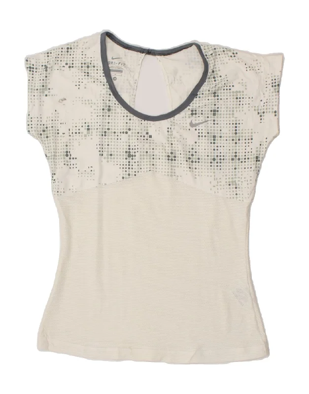 NIKE Womens Dri Fit T-Shirt Top UK 12 Medium White Spotted Polyester Denim Fabric Leather Fabric Suede Fabric NIKE Womens Dri Fit T-Shirt Top UK 12 Medium White Spotted Polyester Denim Fabric Leather Fabric Suede Fabric