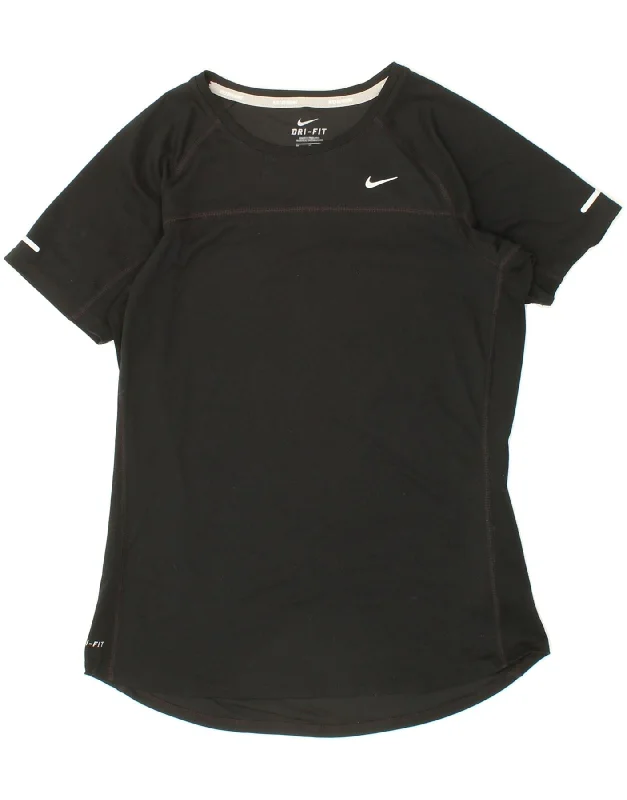 NIKE Womens Dri Fit T-Shirt Top UK 14 Medium Black Cotton Houndstooth Herringbone Solid