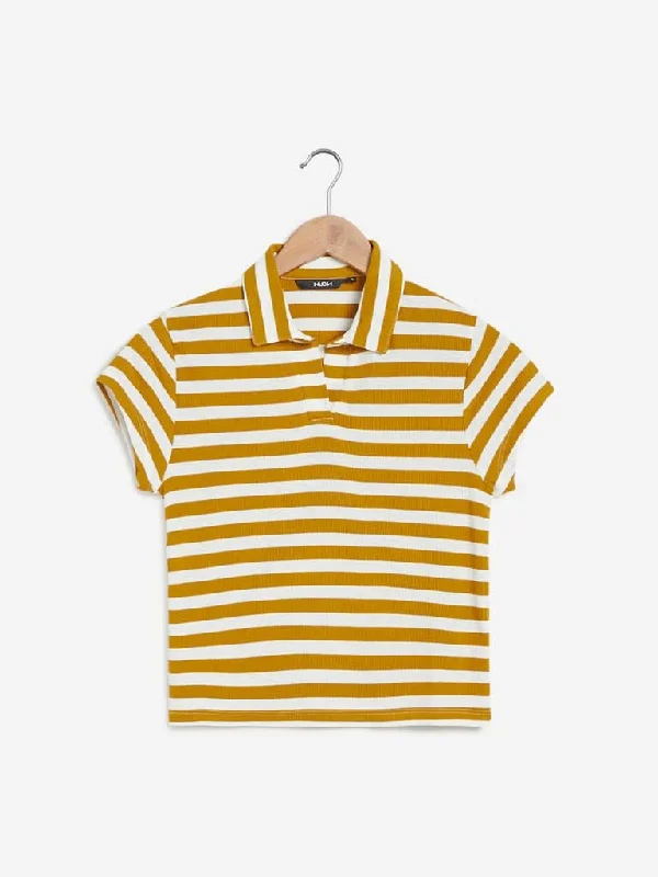 Nuon Mustard Striped Crop Polo T-Shirt Asymmetrical Pockets Print