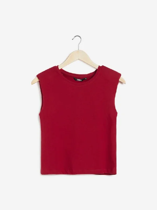 Nuon Red Crewneck Cropped T-Shirt Ribbed T-Shirt High Neck Heavyweight