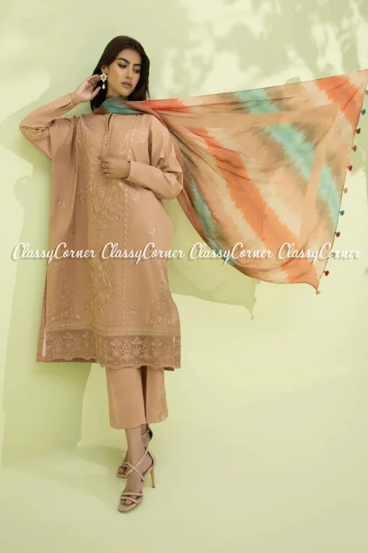 Pakistani Coral Pink Lawn Embroidered 3 Piece Dress