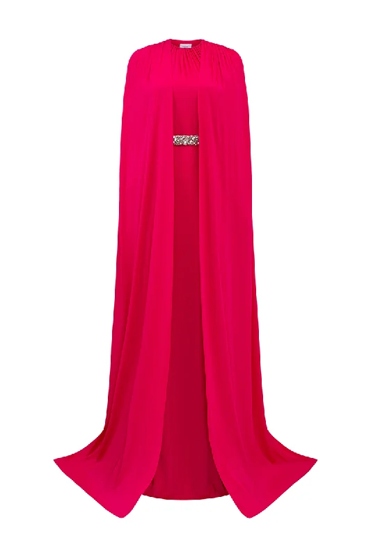 PINK ROUND NECK GATHERED GOWN WITH STONE EMBELLISHED BELT