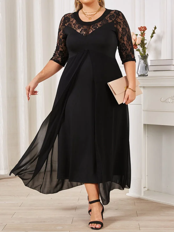 Plus size round neck lace splicing V neck half sleeve big swing dress