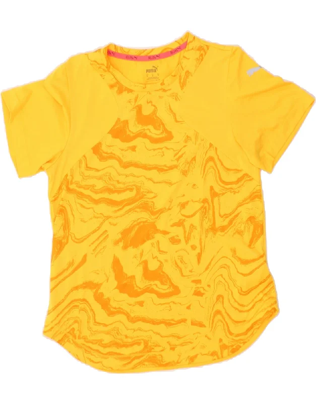 PUMA Womens Abstract Pattern T-Shirt Top UK 12 Medium Yellow Polyester Lace Blend Ribbed Blend Corduroy Blend