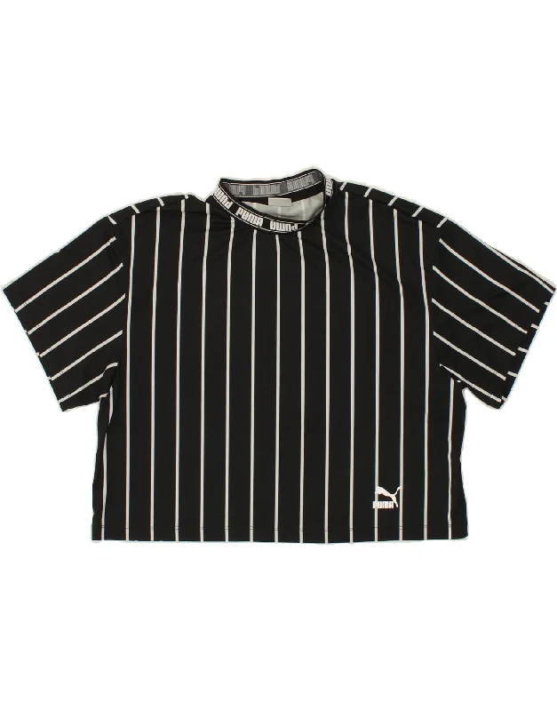 PUMA Womens Crop T-Shirt Top UK 14 Medium Black Striped Polyester Collared T-Shirt Boat Neck A-Line