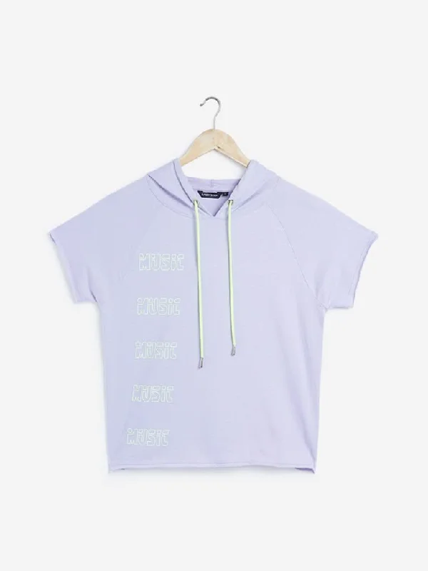 Sassy Soda Curves Lilac Printed Hooded T-Shirt Solid Print Embellished