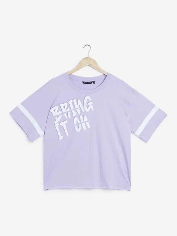 Sassy Soda Curves Lilac Text Printed T-Shirt Satin Blend Silk Blend Wool Blend