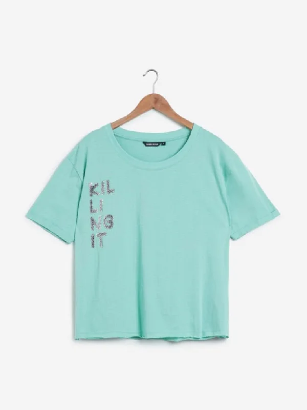 Sassy Soda Curves Mint Text Print Ronnie T-Shirt Fleece Nylon Spandex