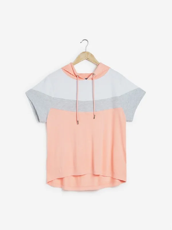 Sassy Soda Curves Peach High-Low Hooded T-Shirt Beaded Sequined Faux Fur