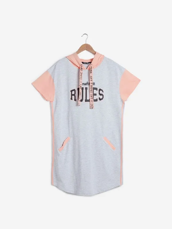 Sassy Soda Curves Peach Text Print T-Shirtdress Zippered Buttoned Snapped
