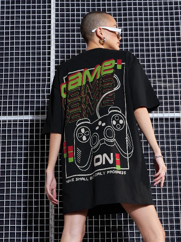 Women Black GAME ON Printed Oversized T-Shirt Dress Satin Fabric Silk Fabric Chiffon Fabric