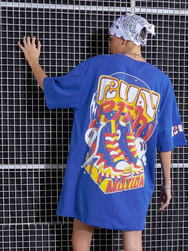 Women Royal Blue Fun Printed Oversized T-Shirt Dress Anti-Shrink Durable Soft