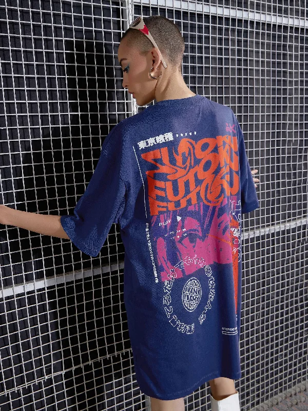 Women Navy Futoku Printed Oversized T-Shirt Dress Hooded Caped Shawl Collar