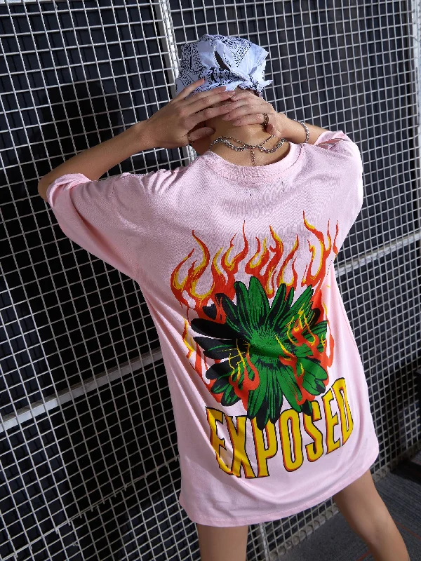 Women Pink Flower Printed Oversized T-Shirt Dress Mesh Blend Leather Blend Suede Blend