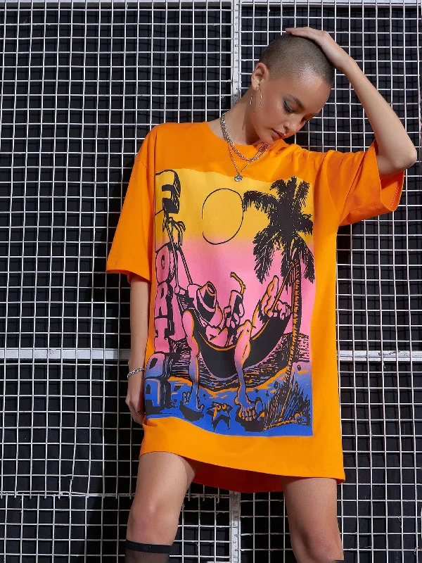 Women Orange FLORIDA Printed Oversized T-Shirt Dress Fleece Nylon Spandex