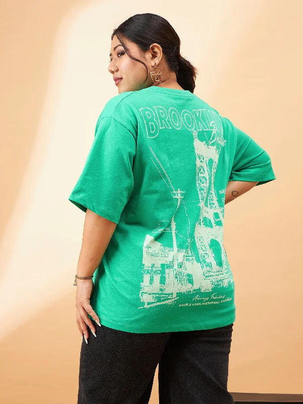 Women Green Graphic Brooklyn Print T-Shirt Iron Safe Non-Iron Wrinkle Free