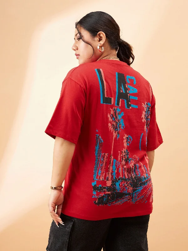 Women Red Graphic La Print T-Shirt Spandex Blend Rayon Blend Denim Blend