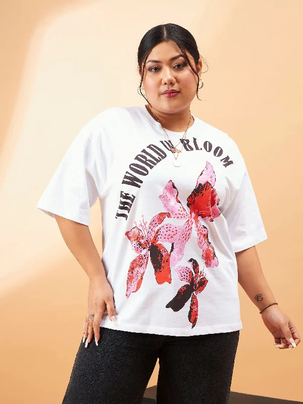 Women White Graphic The World Is Bloom T-Shirt Sequined Glittery Shiny