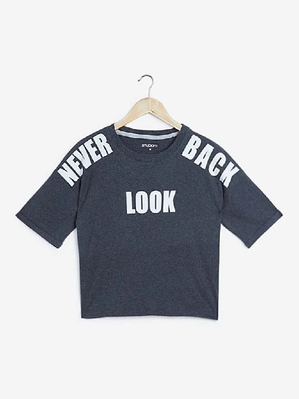 Studiofit Charcoal Text Printed T-Shirt Spandex Blend Rayon Blend Denim Blend