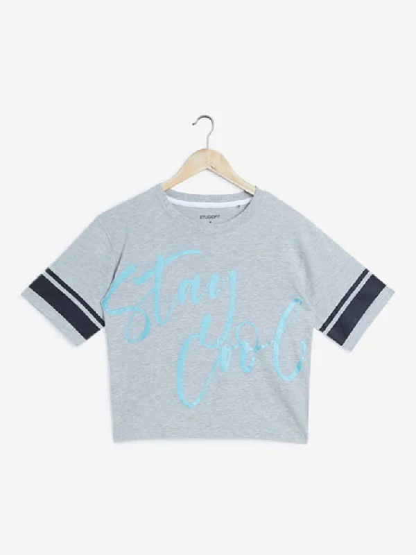 Studiofit Grey Melange Printed Crop T-Shirt Striped Floral Plaid