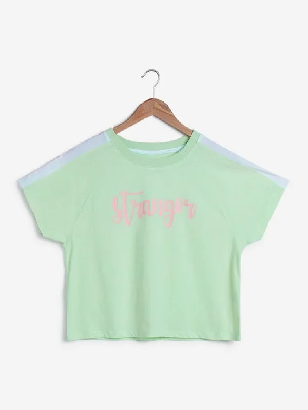 Studiofit Mint Text Print Crop T-Shirt Mesh Canvas Denim