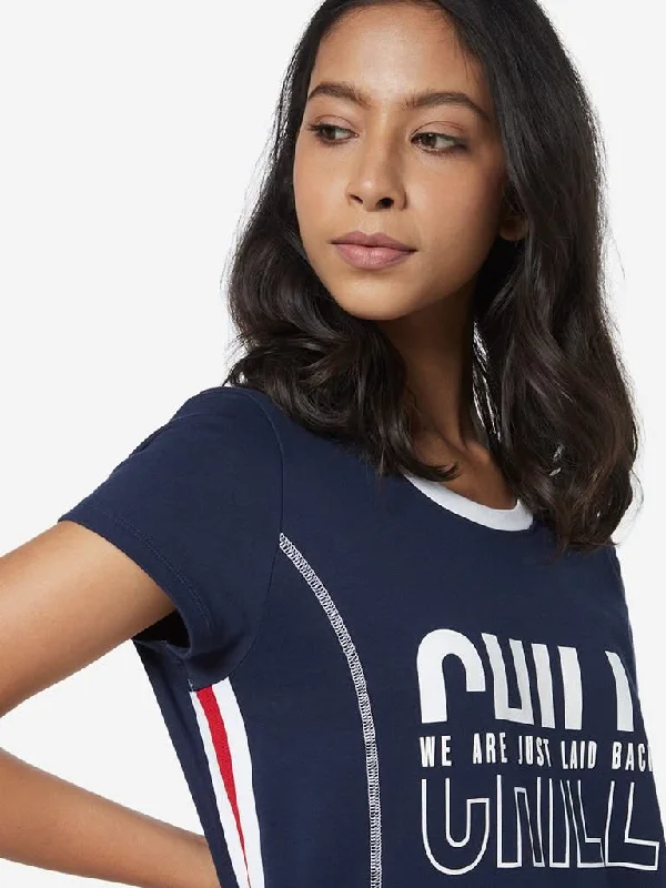 Studiofit Navy Text Design T-Shirt-Dress Boxy Fit Fitted Loose