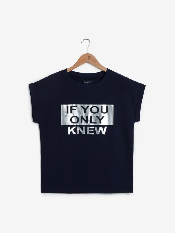 Studiofit Navy Text Printed T-Shirt Graphic T-Shirt Round Neck Polyester