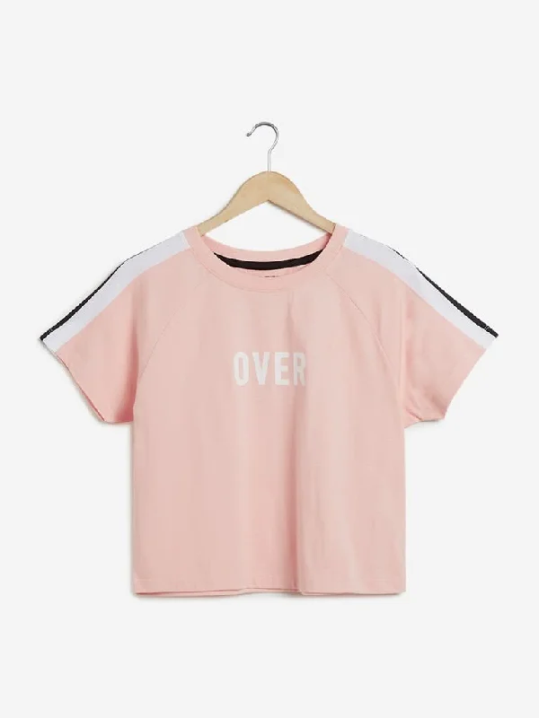Studiofit Peach Raglan Sleeved T-Shirt Asymmetrical Pockets Print