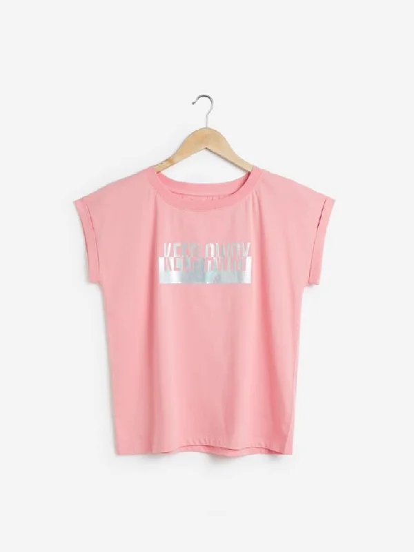 Studiofit Pink Holographic Print Power T-Shirt Seamless Knitted Crochet