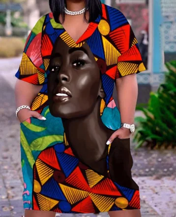 Women Casual Loose Multicolor Printed V-Neck Short-Sleeve Mid-Length Dress