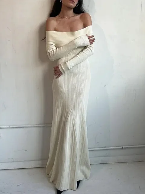 Lizakosht Female Fashion Chic Solid Strapless Maxi Dresses Elegant Off Shoulder Long Sleeve Dress 2023 Autumn Ladies Party Club Robes Classic Strapless Maxi Dress