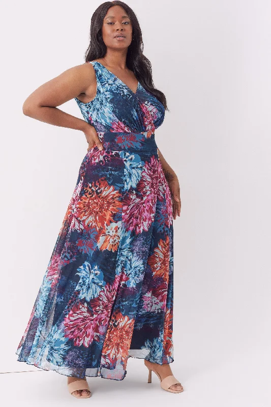 Amelia Blue Multi Print Mesh Maxi Dress Chic Summer Maxi Dress