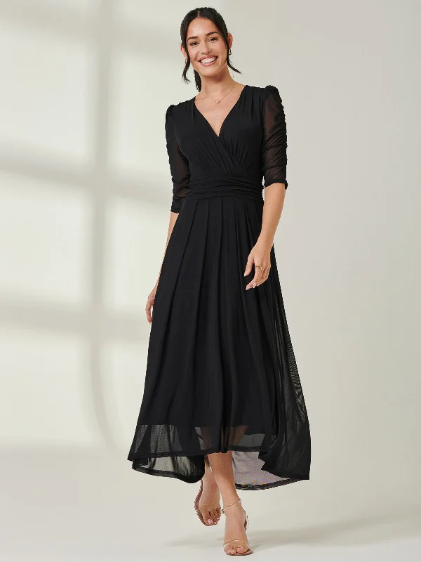 Aneissa Ruched Sleeve Mesh Maxi Dress, Black Chic Off-Shoulder Maxi Dress