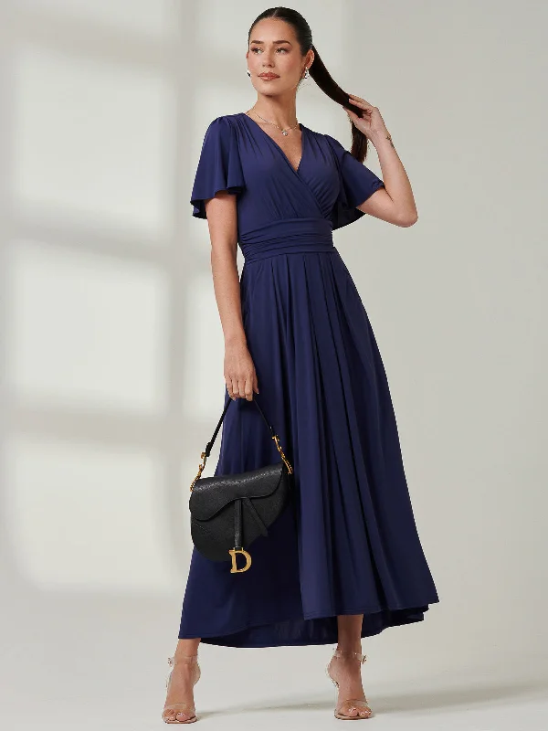 Angel Sleeve Super-Smooth Jersey Maxi Dress, Navy Fashionable Printed Maxi Dress