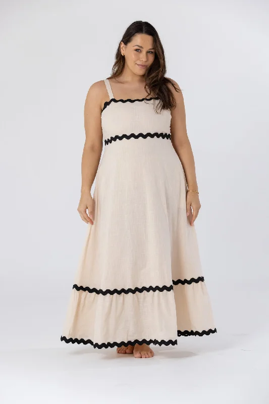 ASHER MAXI DRESS - Beige/Black Elegant Maxi Dress with Belt