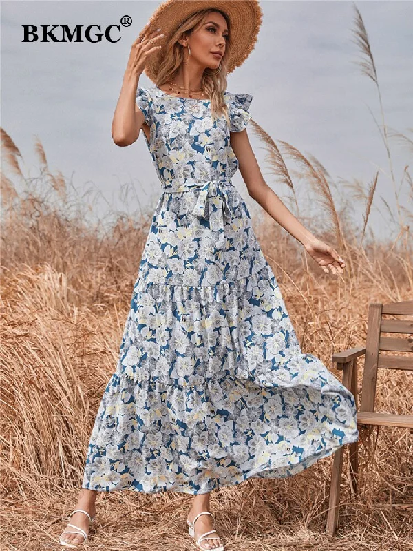 BKMGC Long Maxi Dresses For Women Casual Sleeveless Belt Elastic Ruffle Floral Printed Summer #6293 Fashionable Maxi Dress with Fringe